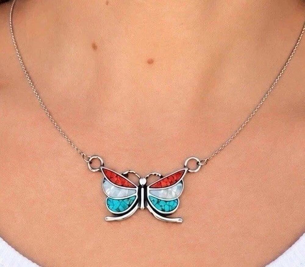 VTG Native Style Sterling Silver Turquoise Coral MOP Inlay Butterfly Necklace